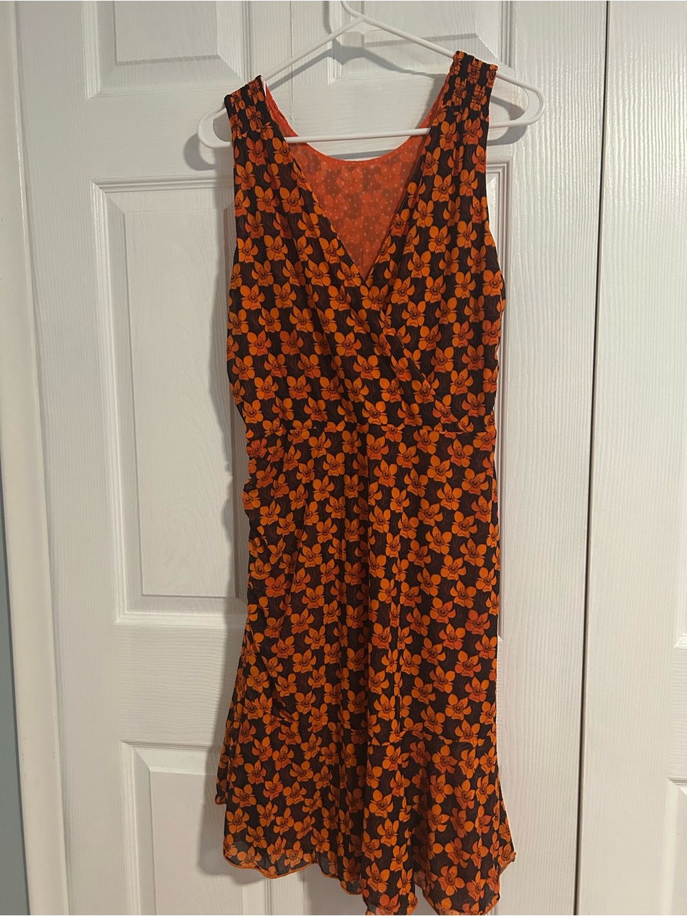 CAbi Black and Orange Floral Midi Wrap Dress
